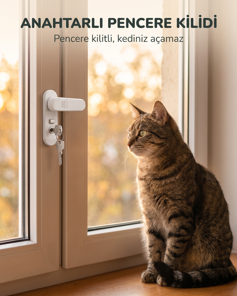 Anahtarlı Pencere Kilidi (Kedi Güvenliği, Beyaz)