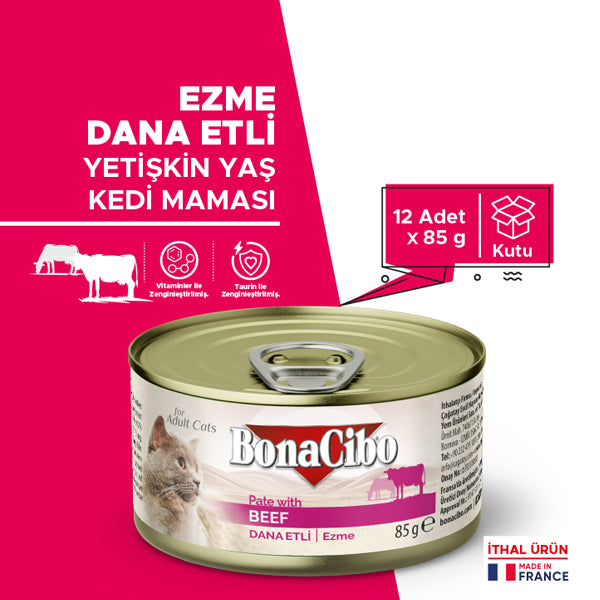 BonaCibo Ezme Dana Etli Yetişkin Kedi Yaş Maması 85 gr x 12