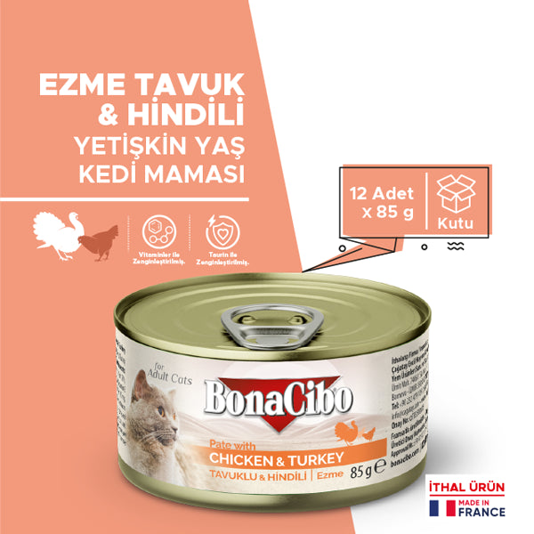 BonaCibo Ezme Tavuk ve Hindili Kedi Yaş Maması 85 gr x 12