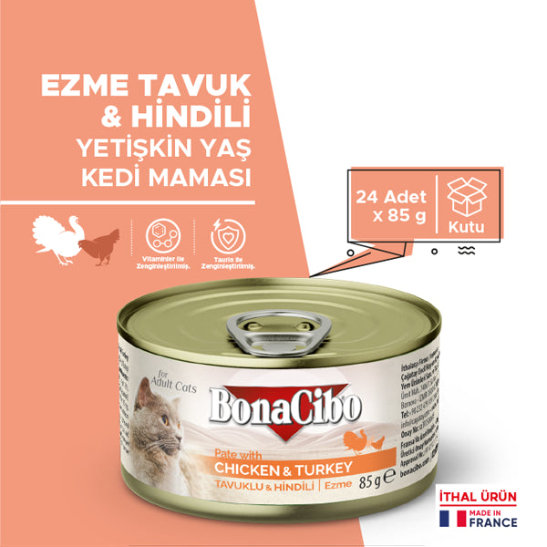 BonaCibo Ezme Tavuk ve Hindili Kedi Yaş Maması 85 gr x 12