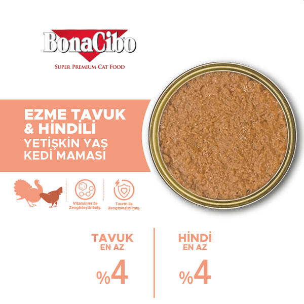 BonaCibo Ezme Tavuk ve Hindili Kedi Yaş Maması 85 gr x 12