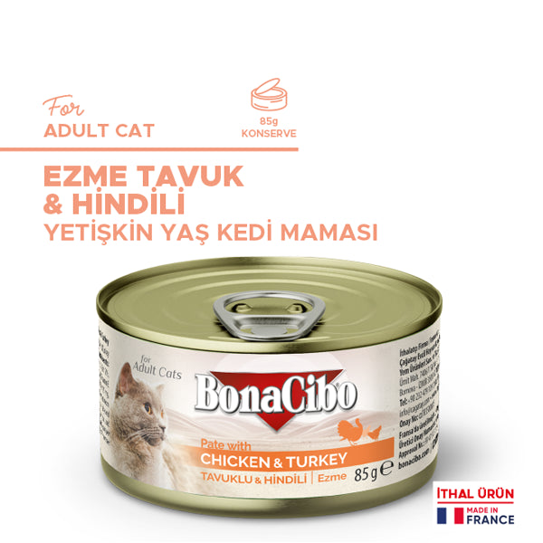 BonaCibo Ezme Tavuk ve Hindili Kedi Yaş Maması 85 gr x 12