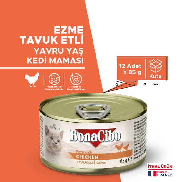 BonaCibo Ezme Tavuklu Yavru Kedi Yaş Maması 85 gr x 12