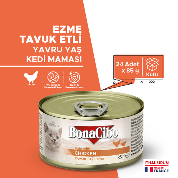 BonaCibo Ezme Tavuklu Yavru Kedi Yaş Maması 85 gr x 12