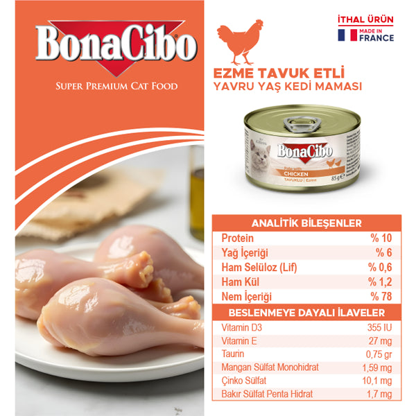 BonaCibo Ezme Tavuklu Yavru Kedi Yaş Maması 85 gr x 12