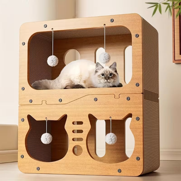 İki Katlı Tırmalamalı Ahşap Kedi Oyun Evi