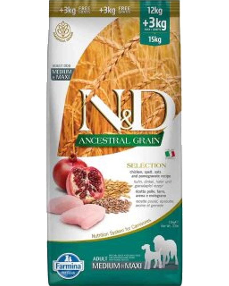 N&D Düşük Tahıllı Tavuk Narlı Köpek Maması 12 kg + 3 kg
