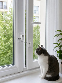 Halatlı kilitle aralık açık tutulan pencere, pervazda dışarı bakan kedi