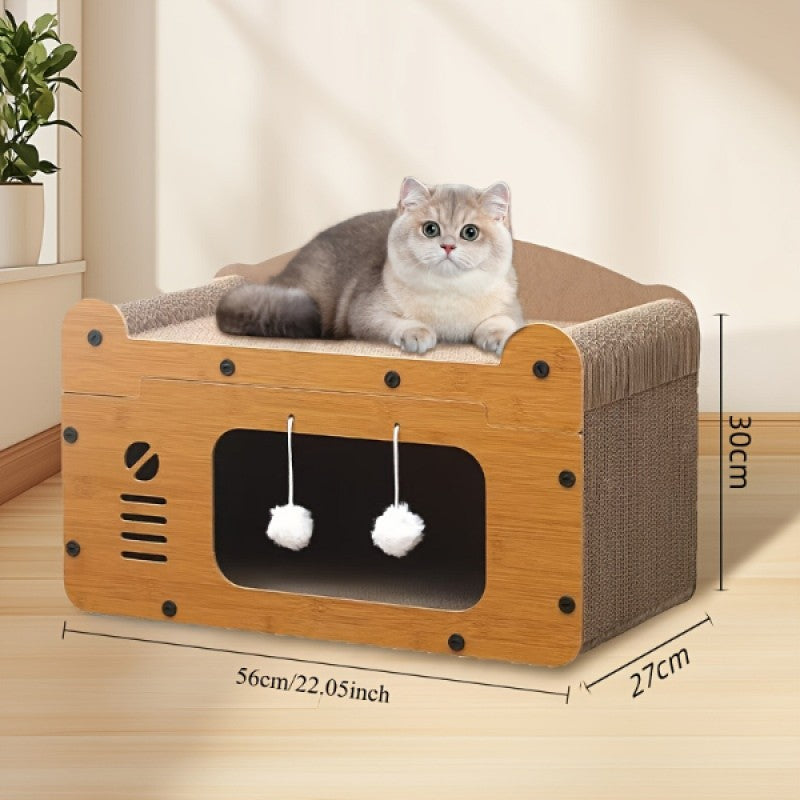 Tırmalamalı Yuvalı Tek Katlı Ahşap Kedi Oyun Evi