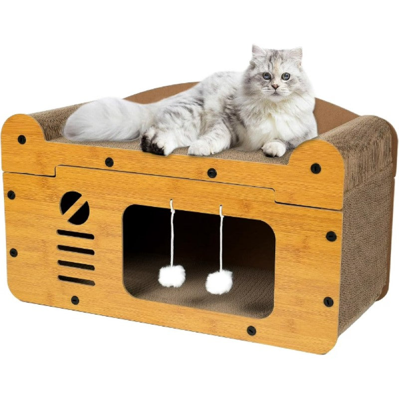Tırmalamalı Yuvalı Tek Katlı Ahşap Kedi Oyun Evi