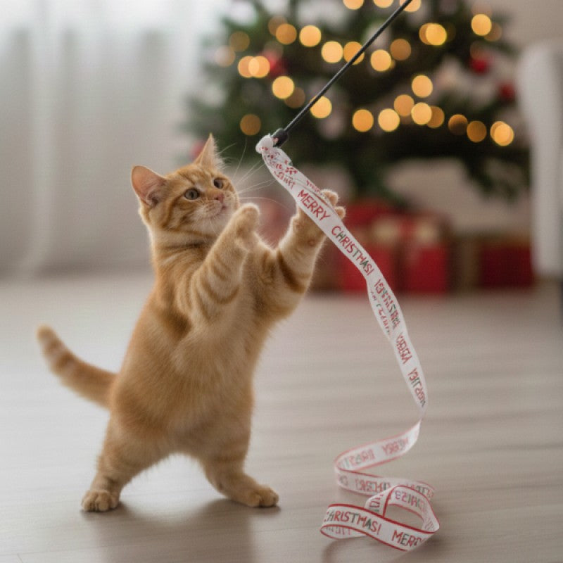 Hareketli Kumaş Şeritli Yılbaşı Temalı Kedi Oltası