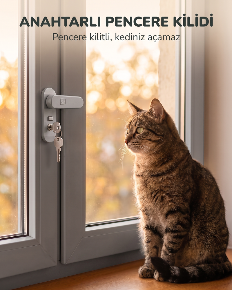 Anahtarlı Pencere Kilidi (Kedi Güvenliği, Gri)