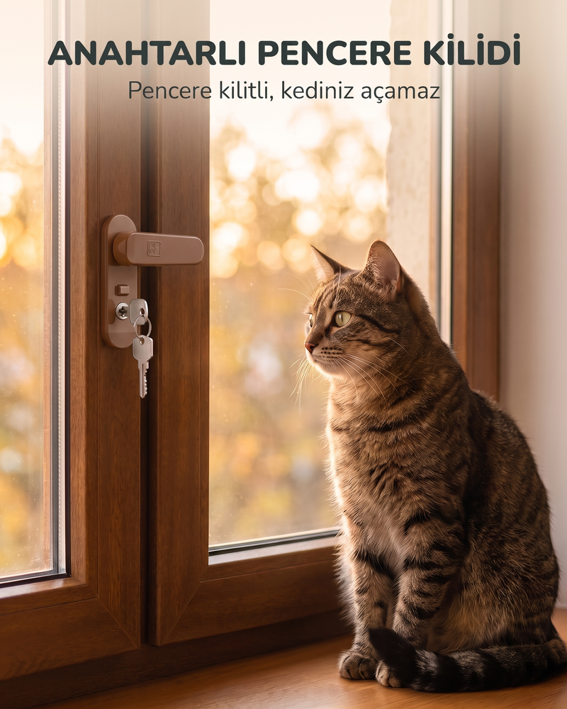 Anahtarlı Pencere Kilidi (Kedi Güvenliği, Kahverengi)