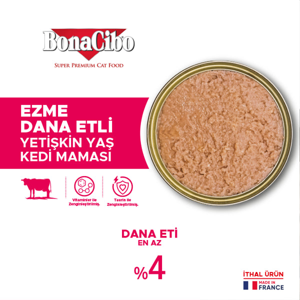BonaCibo Ezme Dana Etli Yetişkin Kedi Yaş Maması 85 gr x 12