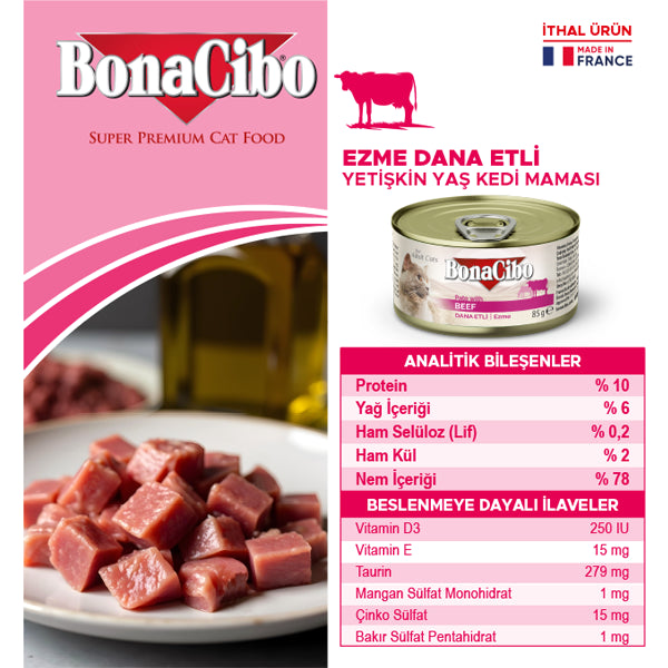 BonaCibo Ezme Dana Etli Yetişkin Kedi Yaş Maması 85 gr x 12