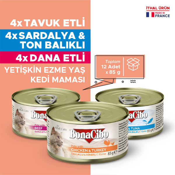 BonaCibo Ezme Tavuk ve Hindili Kedi Yaş Maması 85 gr x 12