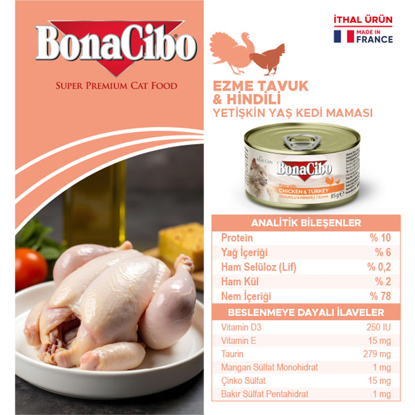 BonaCibo Ezme Tavuk ve Hindili Kedi Yaş Maması 85 gr x 12