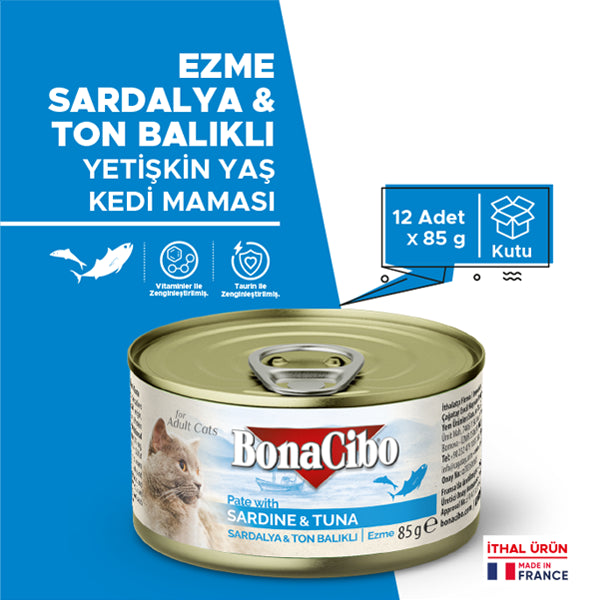BonaCibo Ezme Sardalya ve Ton Balıklı Kedi Yaş Maması 85 gr x 12