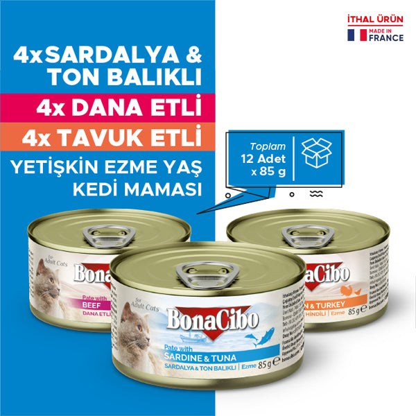 BonaCibo Ezme Sardalya ve Ton Balıklı Kedi Yaş Maması 85 gr x 12