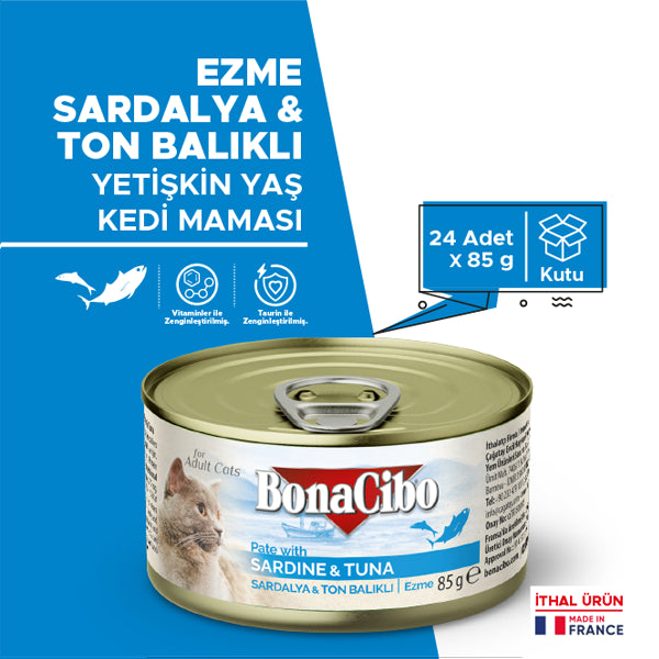 BonaCibo Ezme Sardalya ve Ton Balıklı Kedi Yaş Maması 85 gr x 12