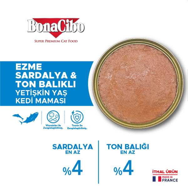 BonaCibo Ezme Sardalya ve Ton Balıklı Kedi Yaş Maması 85 gr x 12