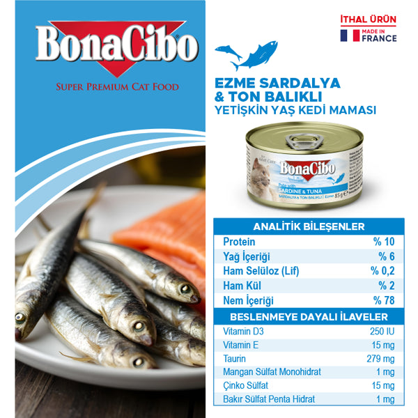 BonaCibo Ezme Sardalya ve Ton Balıklı Kedi Yaş Maması 85 gr x 12