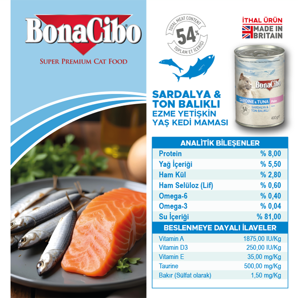 BonaCibo %54 Etli Karışık Yetişkin Kedi Konservesi 400 gr x 12