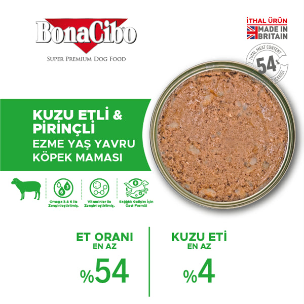 BonaCibo Ezme Kuzu Etli Pirinçli Yavru Köpek Yaş Maması 395 gr x 6