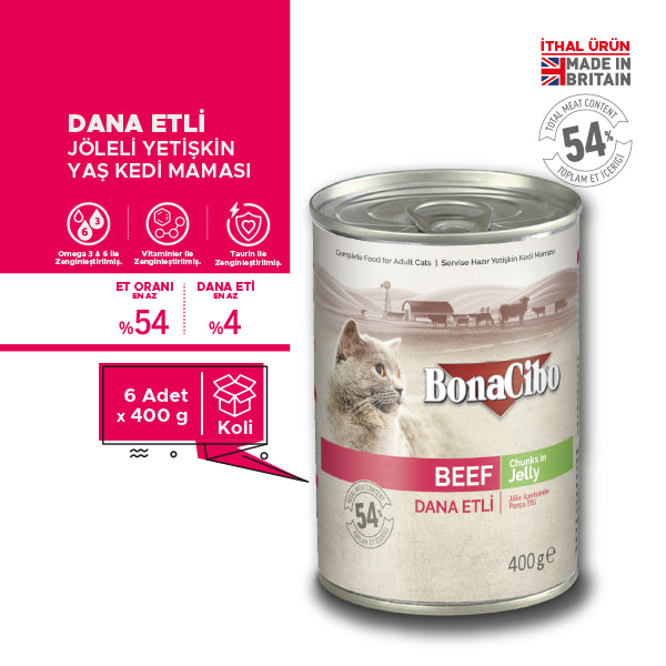 BonaCibo Jöleli Dana Etli Yetişkin Kedi Yaş Maması 400 gr x 12