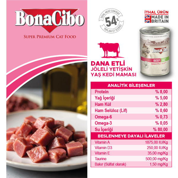 BonaCibo Jöleli Dana Etli Yetişkin Kedi Yaş Maması 400 gr x 12