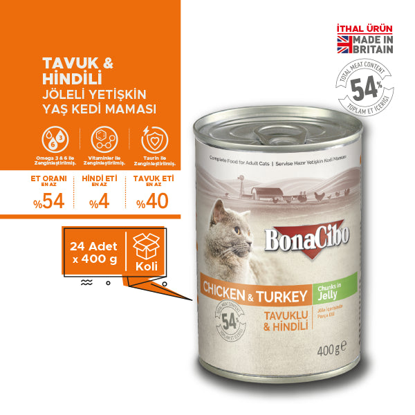 BonaCibo Jöleli Tavuk ve Hindili Yetişkin Kedi Yaş Maması 400 gr x 12
