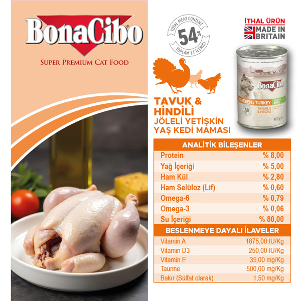 BonaCibo Jöleli Tavuk ve Hindili Yetişkin Kedi Yaş Maması 400 gr x 12