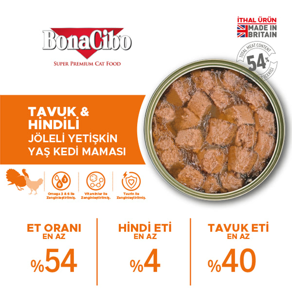 BonaCibo Jöleli Tavuk ve Hindili Yetişkin Kedi Yaş Maması 400 gr x 12