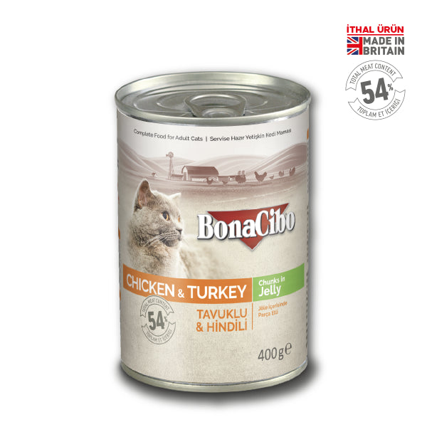 BonaCibo Jöleli Tavuk ve Hindili Yetişkin Kedi Yaş Maması 400 gr x 12