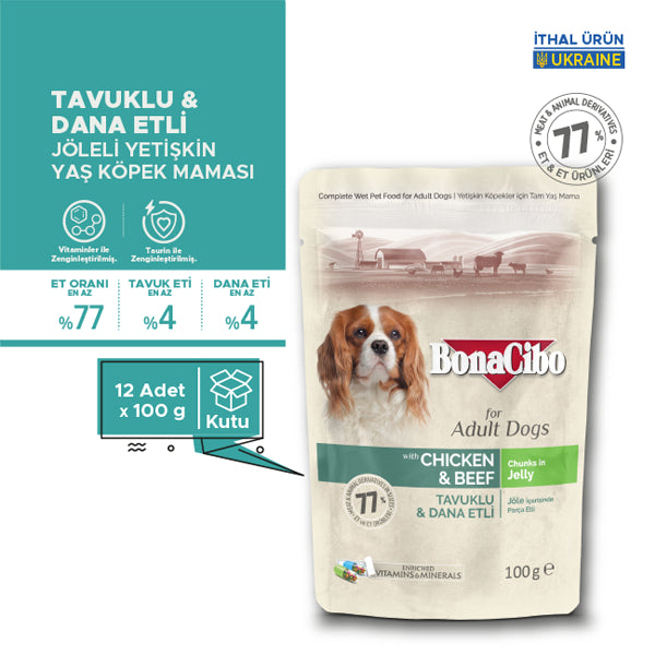 BonaCibo Jöleli Tavuk-Dana Etli Yetişkin Köpek Maması 100 gr x 12