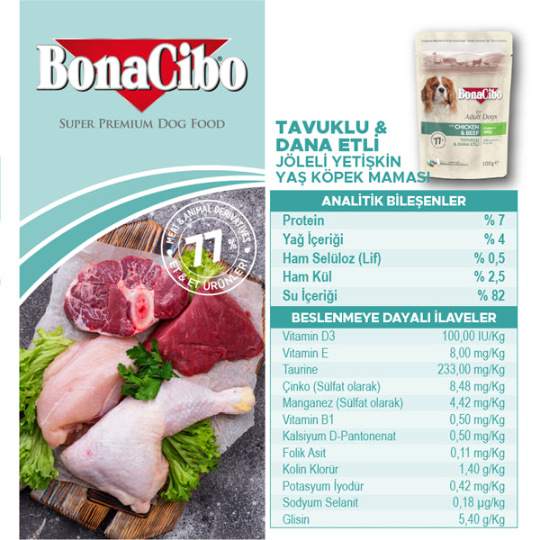 BonaCibo Jöleli Tavuk-Dana Etli Yetişkin Köpek Maması 100 gr x 12