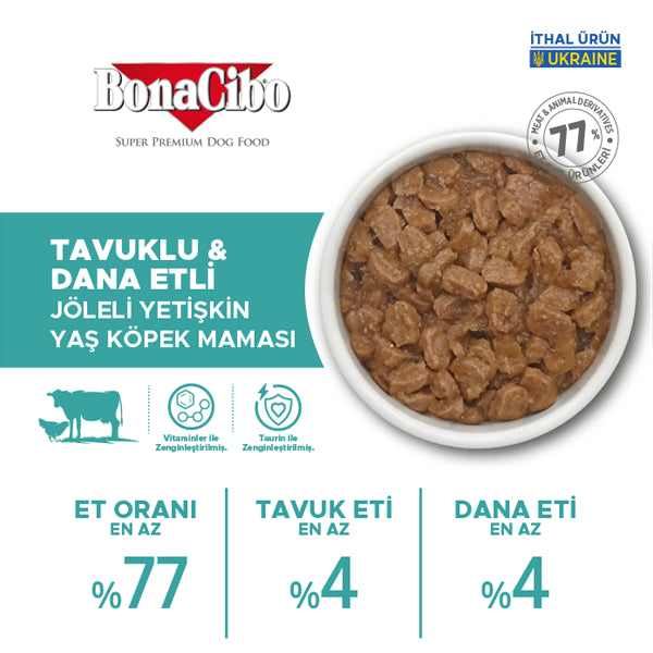 BonaCibo Jöleli Tavuk-Dana Etli Yetişkin Köpek Maması 100 gr x 12