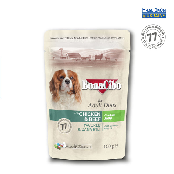 BonaCibo Jöleli Tavuk-Dana Etli Yetişkin Köpek Maması 100 gr x 12