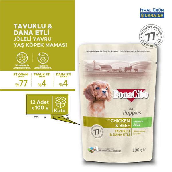 BonaCibo Jöleli Tavuk-Dana Etli Yavru Köpek Pouch Maması 100 gr x 12