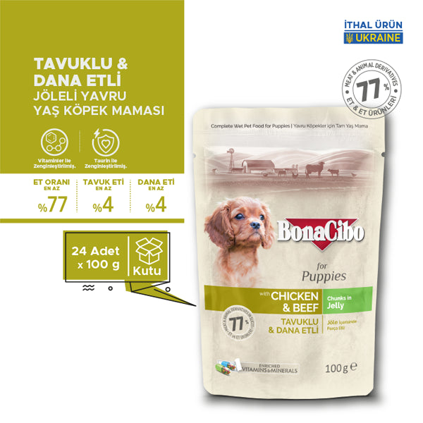BonaCibo Jöleli Tavuk-Dana Etli Yavru Köpek Pouch Maması 100 gr x 12