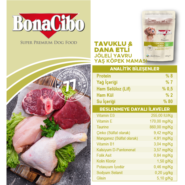 BonaCibo Jöleli Tavuk-Dana Etli Yavru Köpek Pouch Maması 100 gr x 12