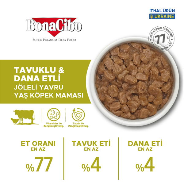 BonaCibo Jöleli Tavuk-Dana Etli Yavru Köpek Pouch Maması 100 gr x 12