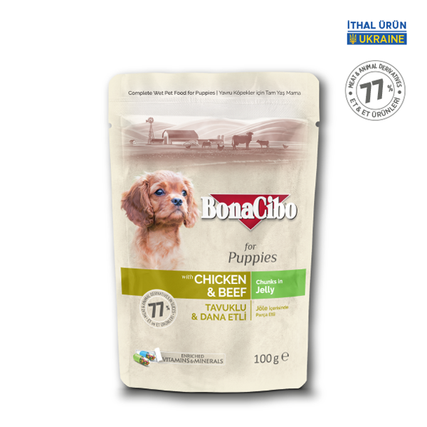 BonaCibo Jöleli Tavuk-Dana Etli Yavru Köpek Pouch Maması 100 gr x 12