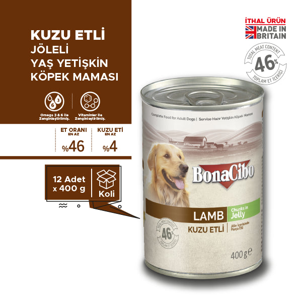 BonaCibo Jöleli Kuzu Etli Yetişkin Köpek Yaş Maması 400 gr x 6