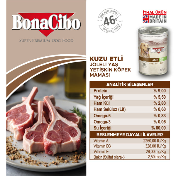 BonaCibo Jöleli Kuzu Etli Yetişkin Köpek Yaş Maması 400 gr x 6
