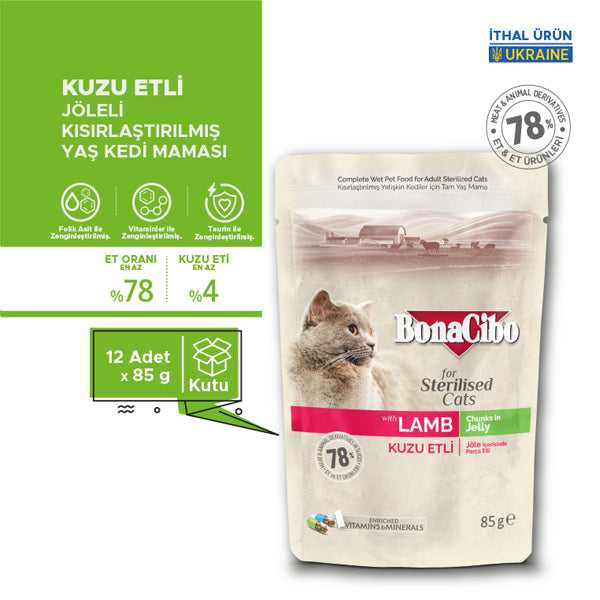 BonaCibo Jöleli Kuzu Etli Kısırlaştırılmış Kedi Maması 85 gr x 12