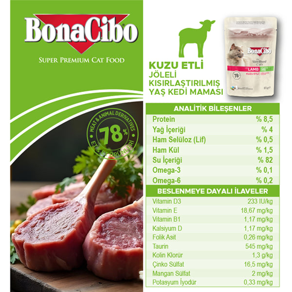 BonaCibo Jöleli Kuzu Etli Kısırlaştırılmış Kedi Maması 85 gr x 12