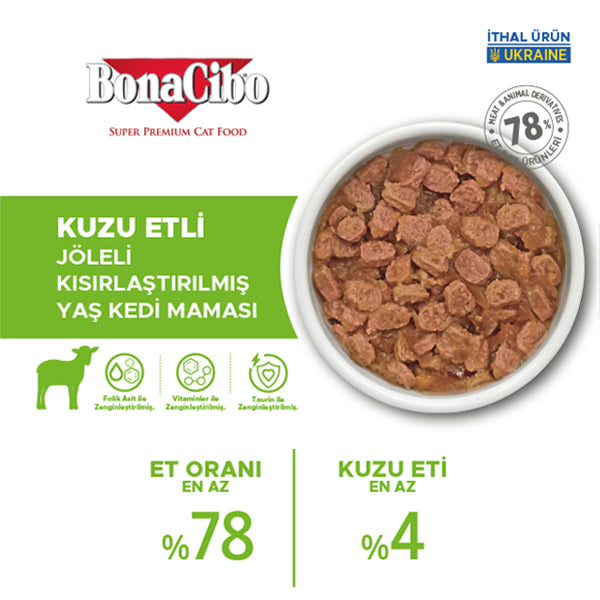 BonaCibo Jöleli Kuzu Etli Kısırlaştırılmış Kedi Maması 85 gr x 12