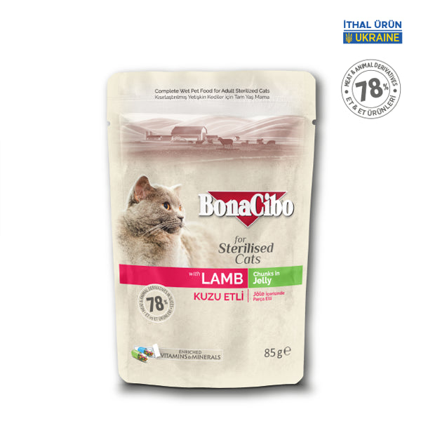 BonaCibo Jöleli Kuzu Etli Kısırlaştırılmış Kedi Maması 85 gr x 12