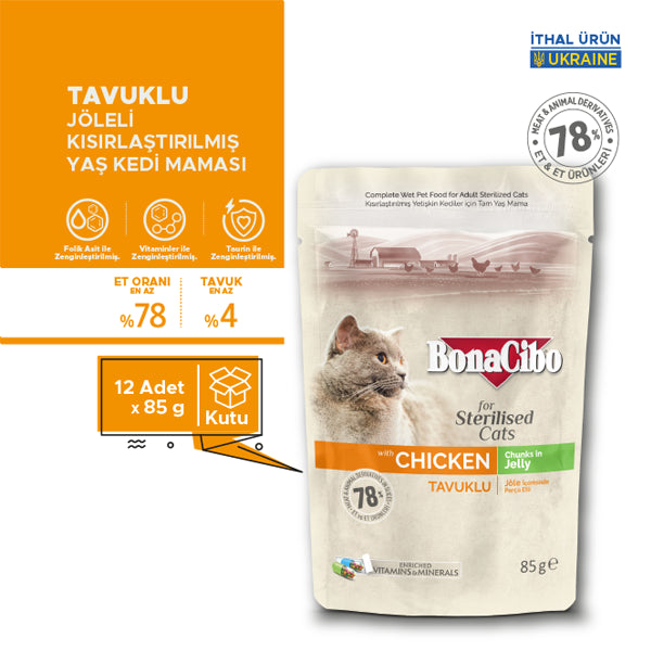 BonaCibo Jöleli Tavuklu Kısırlaştırılmış Kedi Pouch Maması 85 gr x 12